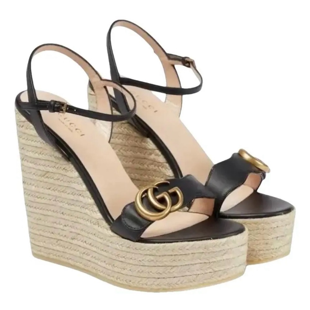 Gucci Black and Gold Wedge Espadrilles